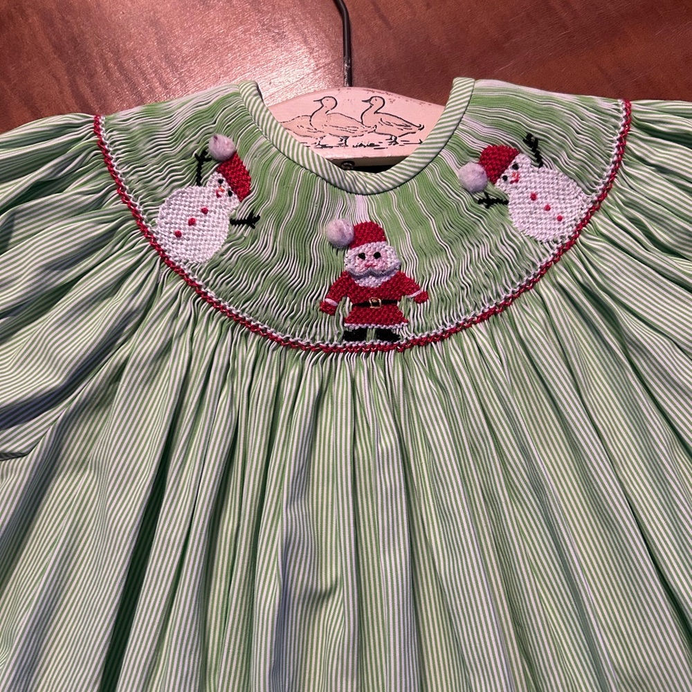 Festive Green Striped Christmas Holiday Dress with Santa and Snowmen Embroidery